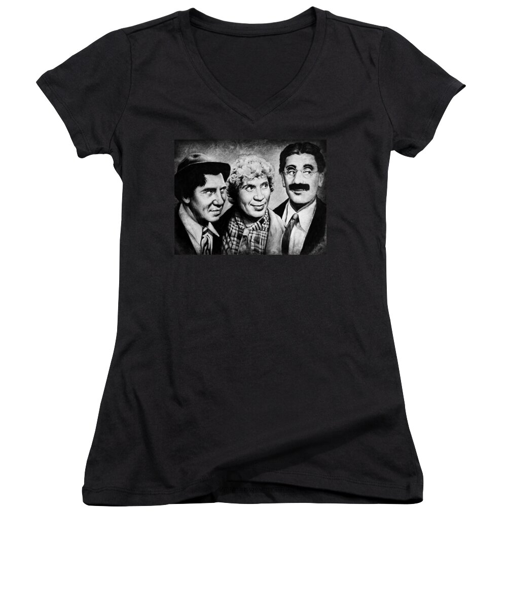Marx Bros Women's V-Neck featuring the drawing Marx Bros by Andrew Read
