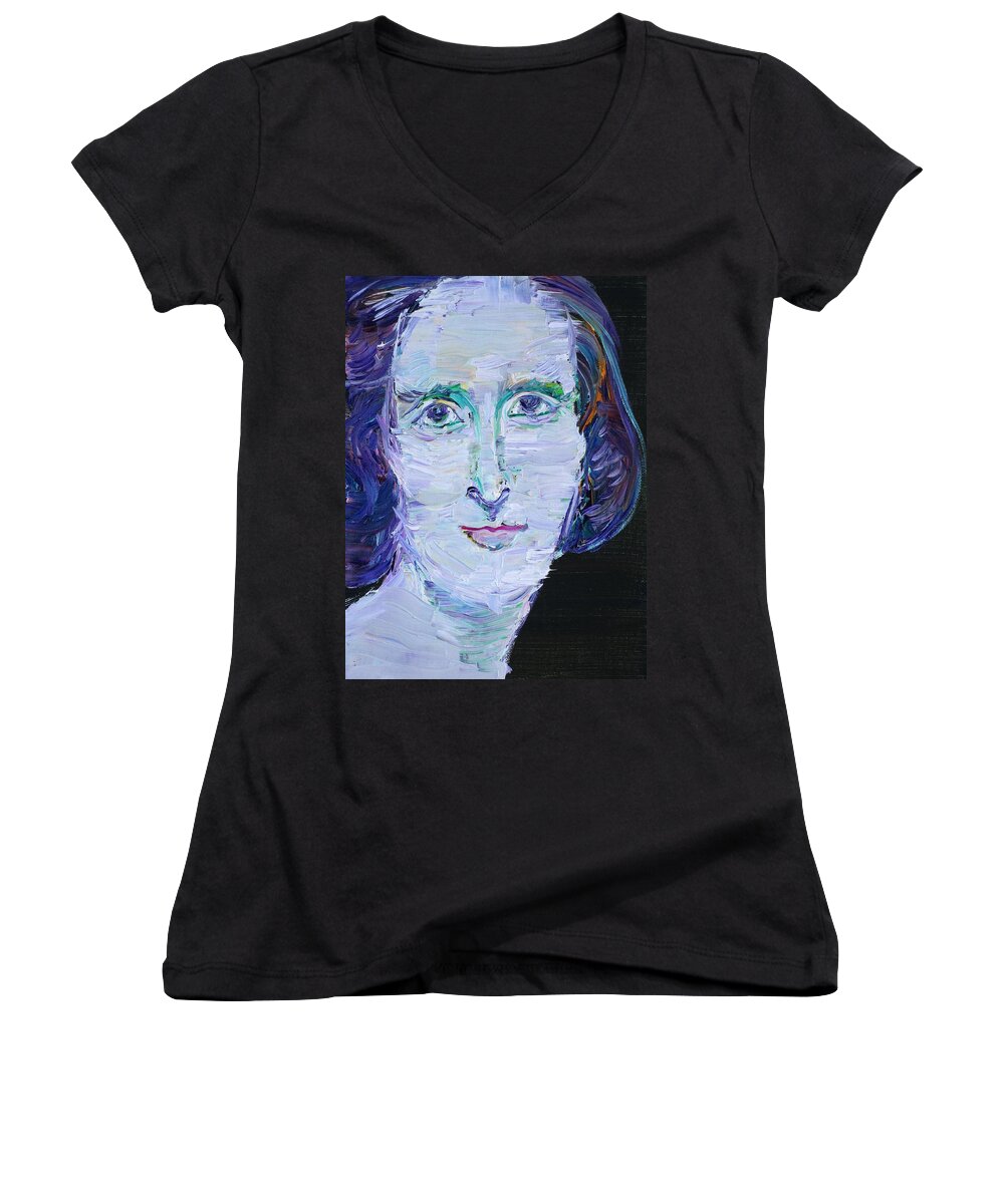 Shelley Women's V-Neck featuring the painting MARY SHELLEY - oil portrait by Fabrizio Cassetta