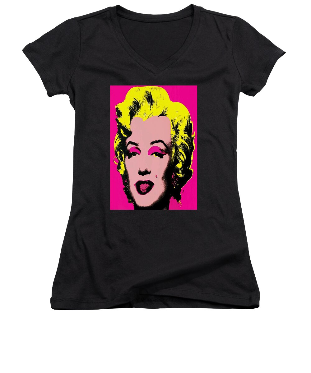 #marylinmonroeart #artmarylinmonroe #marylinmonroe #marylinmonroecanvas #marylinmonroeacessories #diva Women's V-Neck featuring the photograph Marylin Monroe pink by Tania Oliver