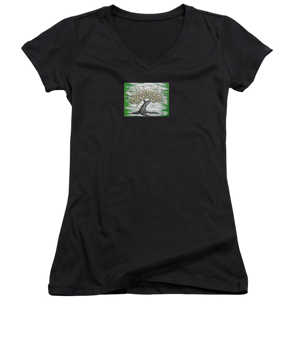 Meditate Women's V-Neck featuring the drawing Meditate Love Tree by Aaron Bombalicki
