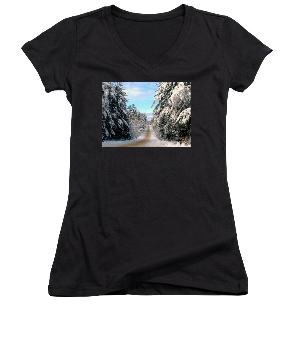 Pine Trees Women's V-Neck featuring the photograph Winter by Elfriede Fulda