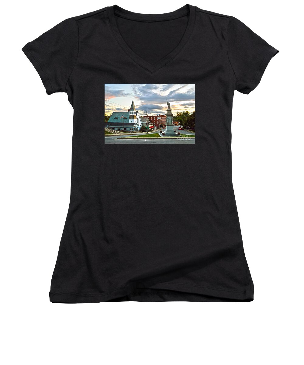 Middlebury Women's V-Neck featuring the photograph Middlebury Vermont at Sunset by Catherine Sherman