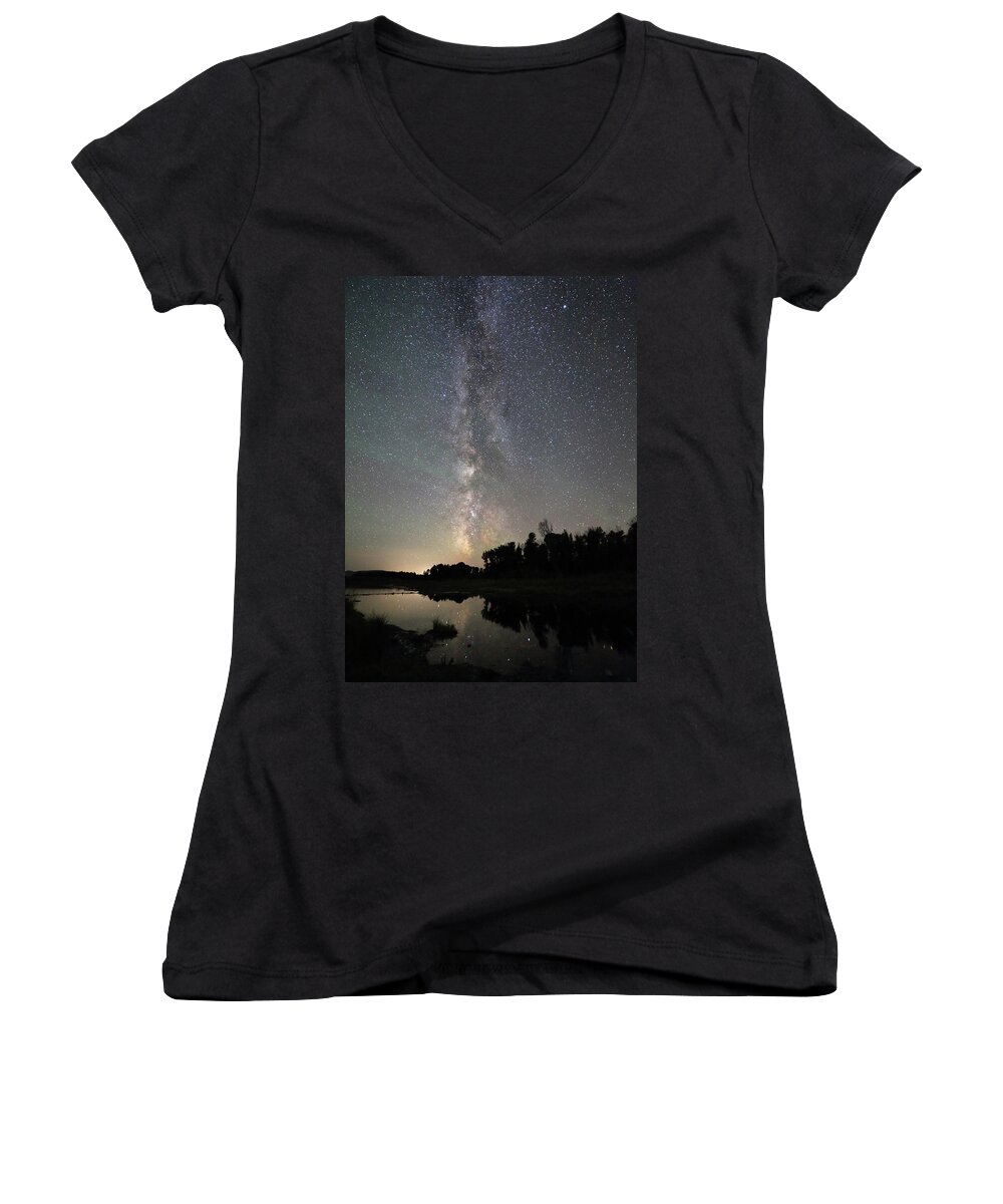 Astrophotography Women's V-Neck featuring the photograph Milky Way over Schwabacher's Landing by Jean Clark