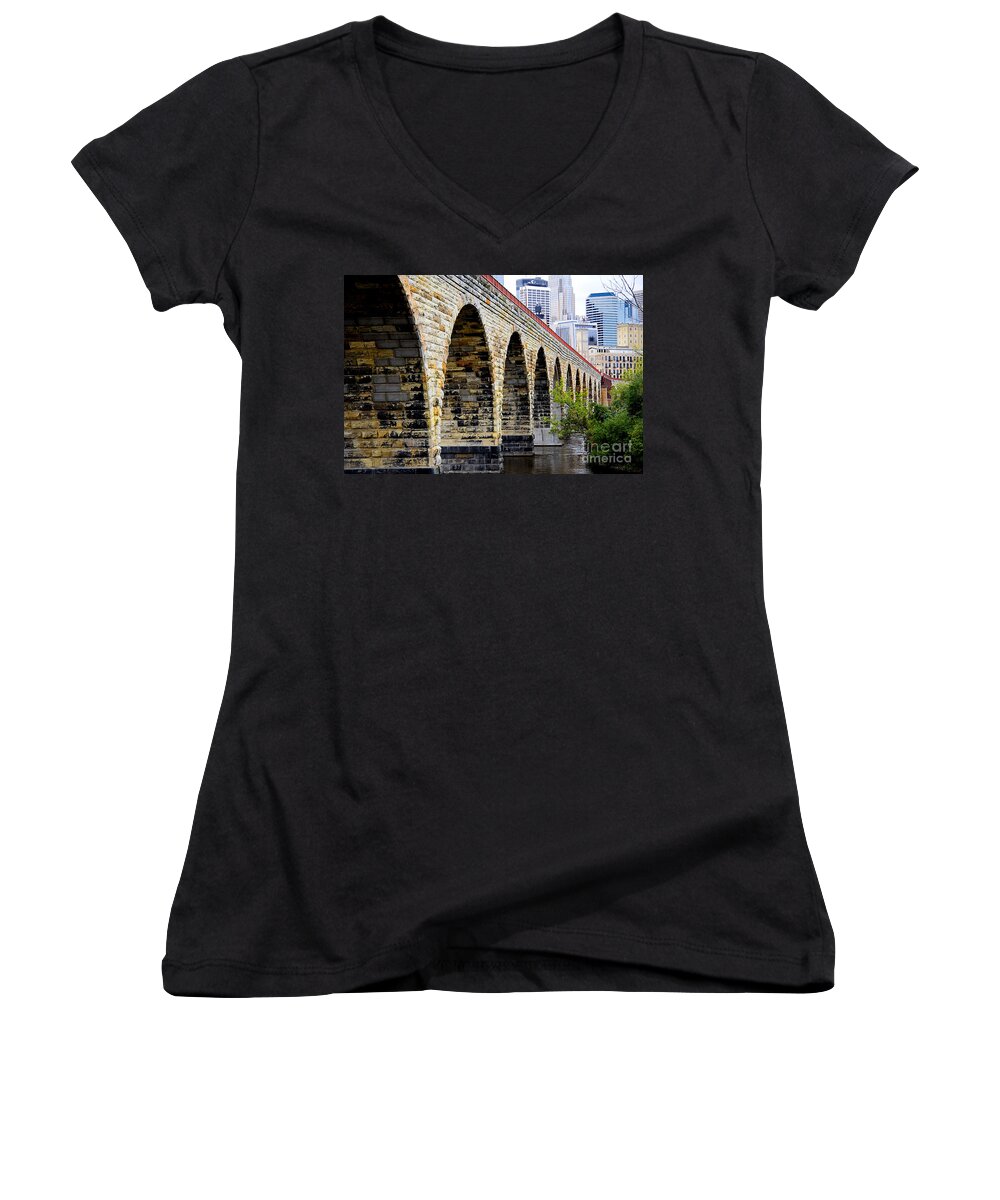 Minneapolis Women's V-Neck featuring the photograph Minneapolis Stone Arch Bridge Old and New by Wayne Moran