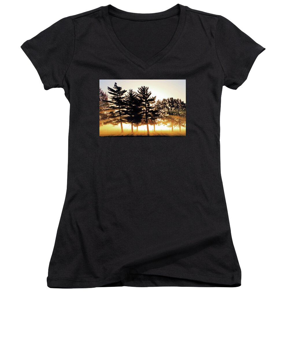 Fog Women's V-Neck featuring the photograph Missouri Tree Line by Christopher McKenzie