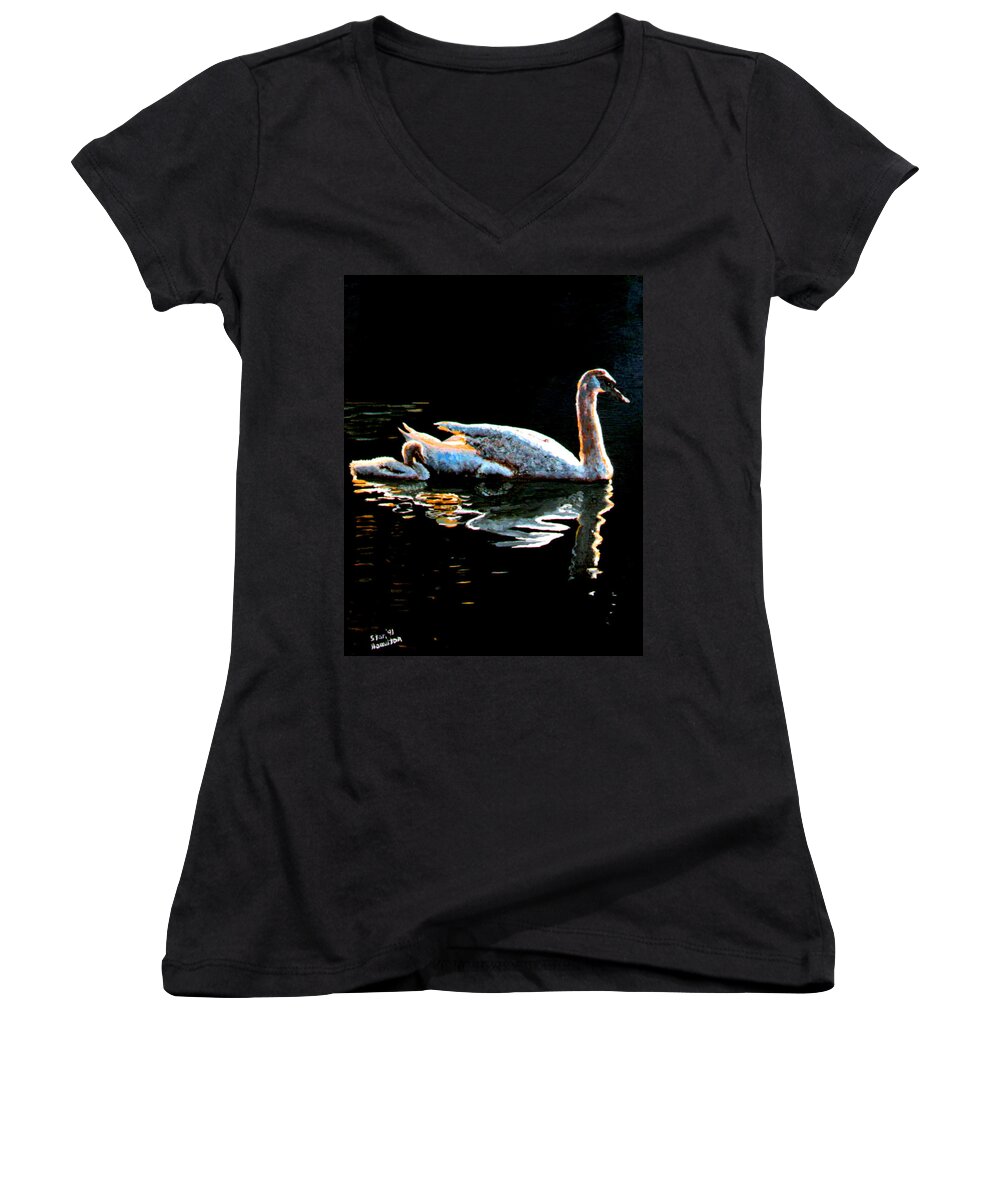Swan Women's V-Neck featuring the painting Mom and Baby Swan by Stan Hamilton