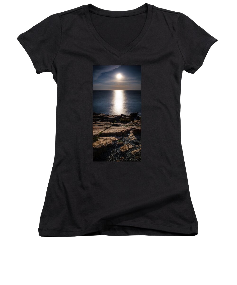Night Women's V-Neck featuring the photograph Moon Over Acadia Shores by Brent L Ander
