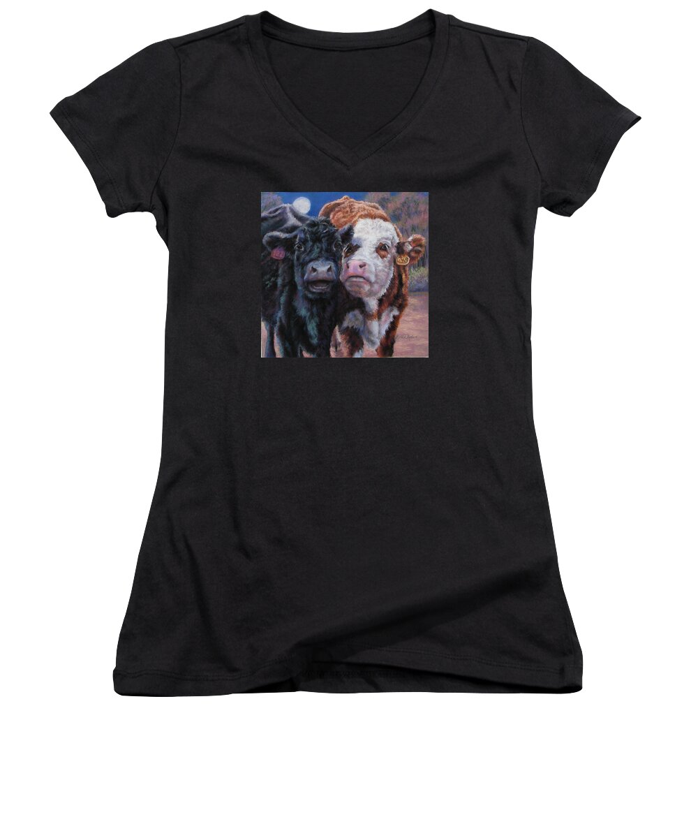 Animals Women's V-Neck featuring the painting Moonlight Mooraoke by Denise Horne-Kaplan