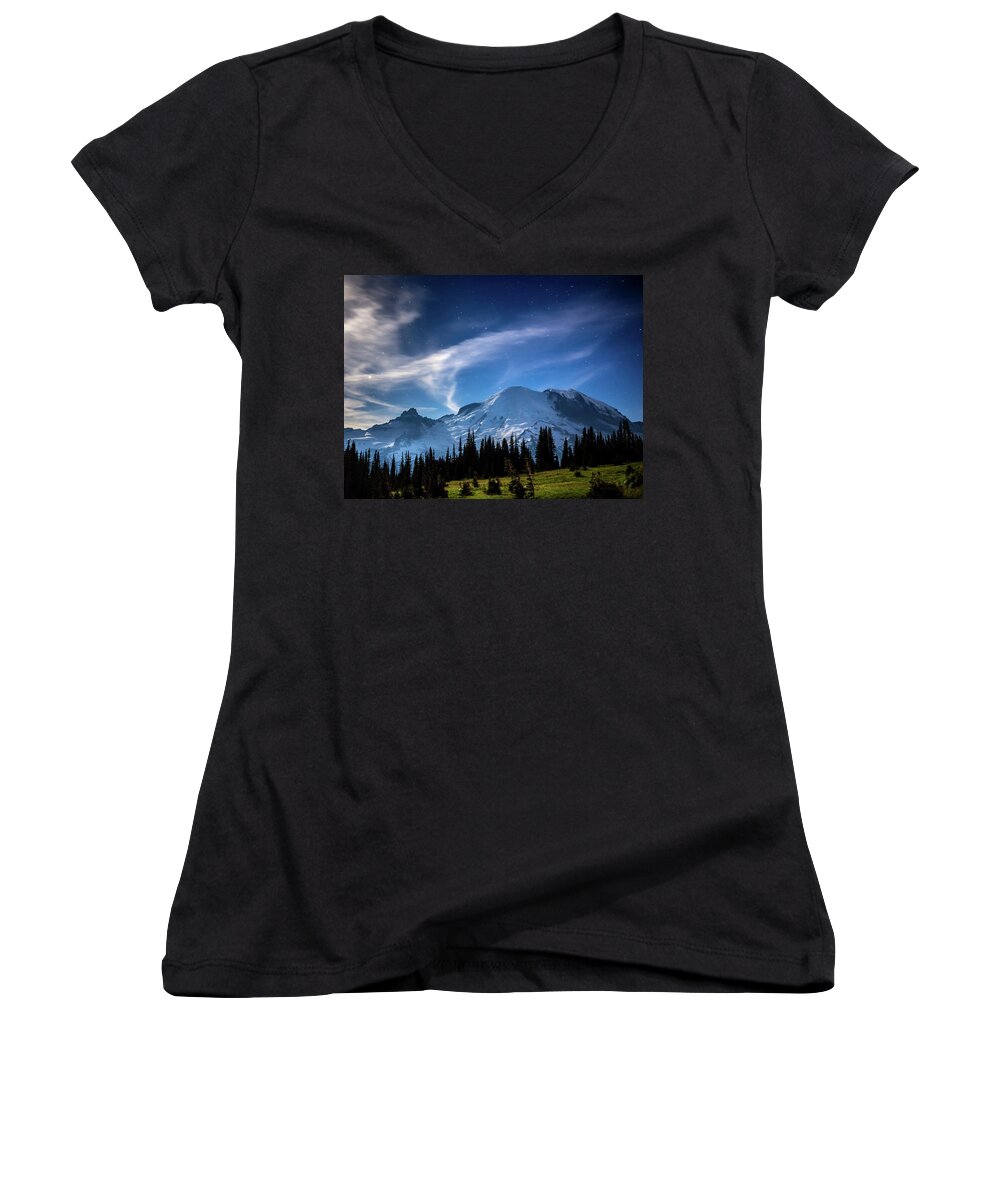 Mt Women's V-Neck featuring the photograph Moonlight on MT Rainier by Rob Green
