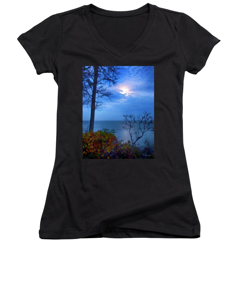 Painting Women's V-Neck featuring the photograph Moonset 1 by Rebecca Samler