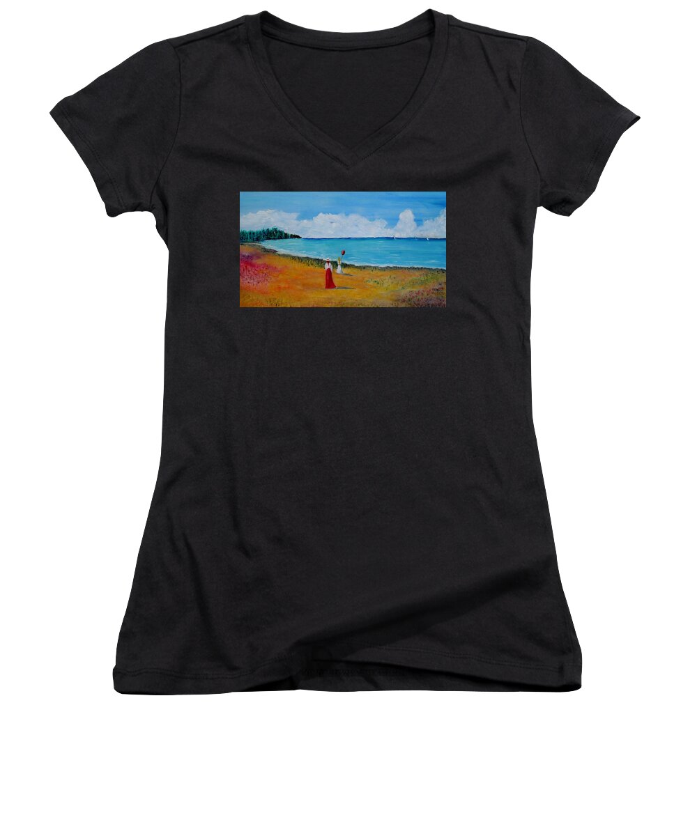 Mother And Daughter Women's V-Neck featuring the painting Mother and daughter by Marilyn McNish