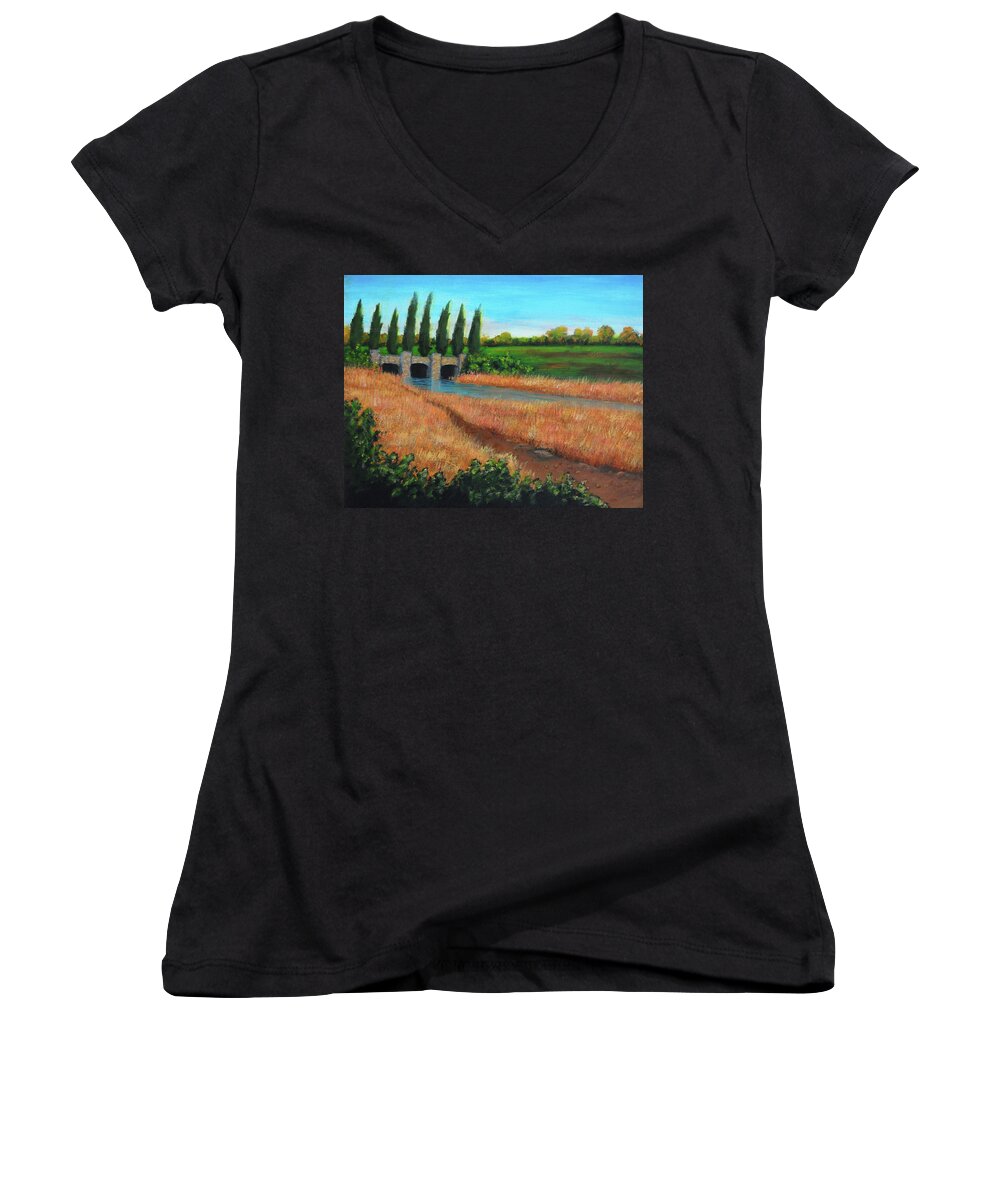 Mountain House Creek Women's V-Neck featuring the painting Mountain House in The Fall by Barbara J Blaisdell