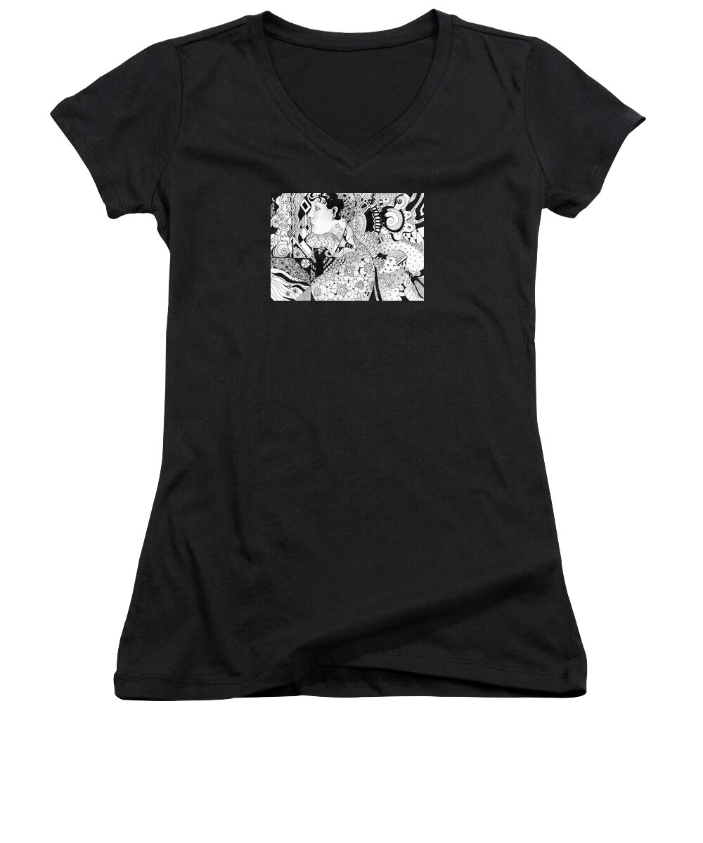 Drawing Women's V-Neck featuring the drawing Moving In Circles by Helena Tiainen