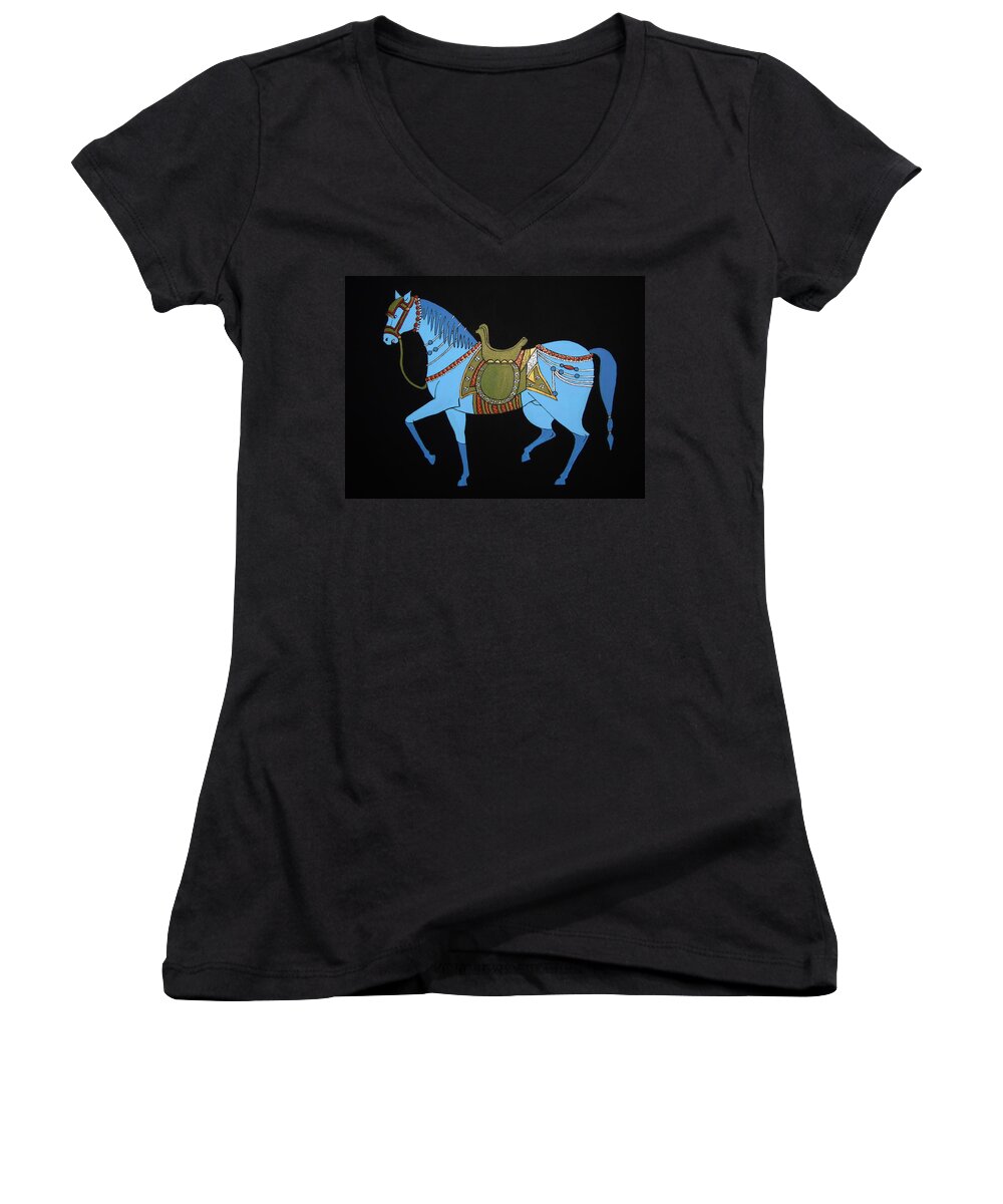 Horse Women's V-Neck featuring the painting Mughal Horse by Stephanie Moore
