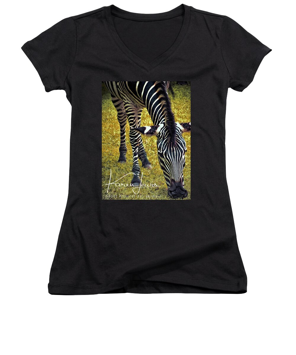 Zebra Women's V-Neck featuring the photograph Munch Time by Karen Lewis