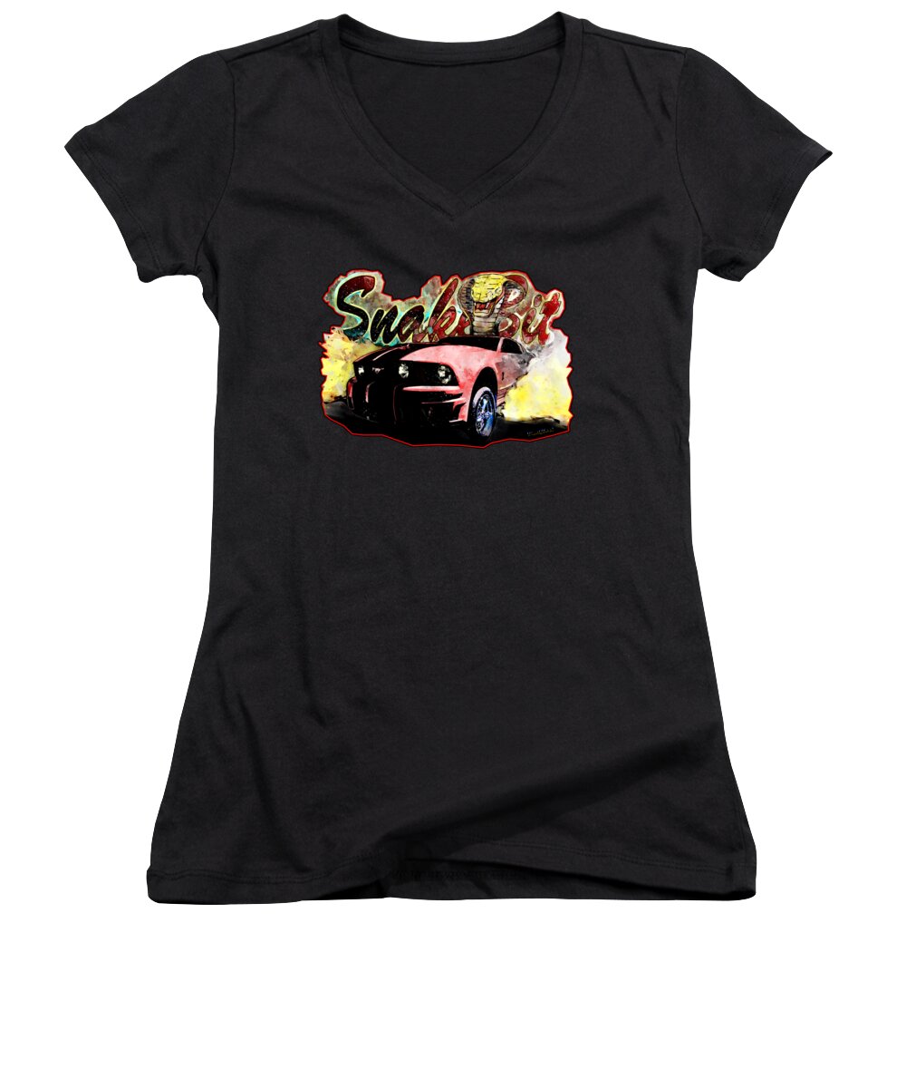 Mustang Women's V-Neck featuring the mixed media Mustanger SnakeBit BurnOut Hot Rod Art by Chas Sinklier