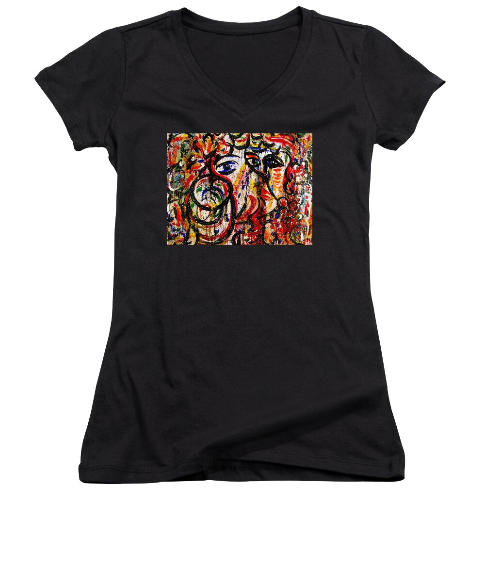 Free Expressionism Women's V-Neck featuring the painting Mutual Admiration by Natalie Holland