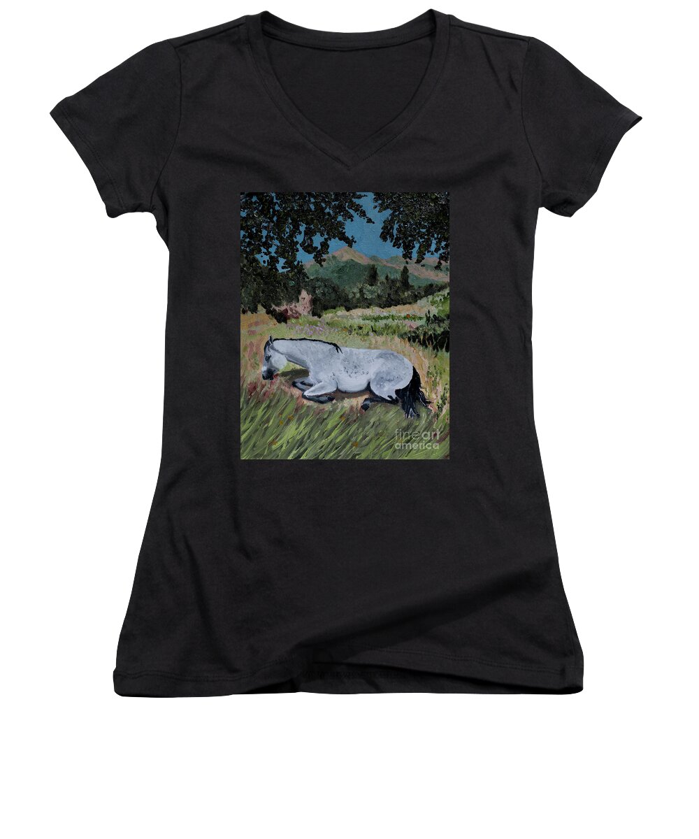 Landscape Women's V-Neck featuring the painting Napping Horse by Jackie MacNair