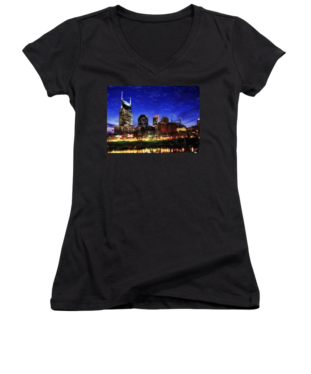 Landscape Women's V-Neck featuring the painting Nashville At Twilight by Dean Wittle