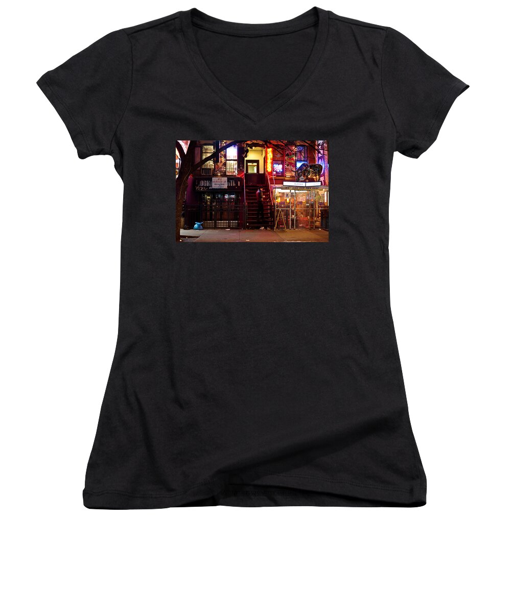 Nyc Women's V-Neck featuring the photograph Neon Lights - New York City at Night by Vivienne Gucwa