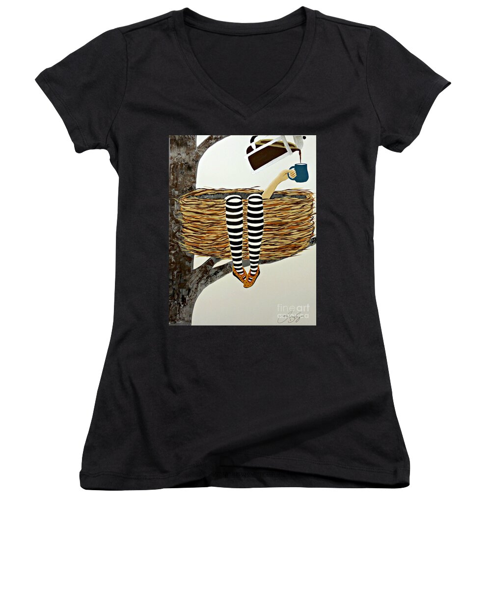 Bird Nest Women's V-Neck featuring the painting Nest Service by Jean Fry
