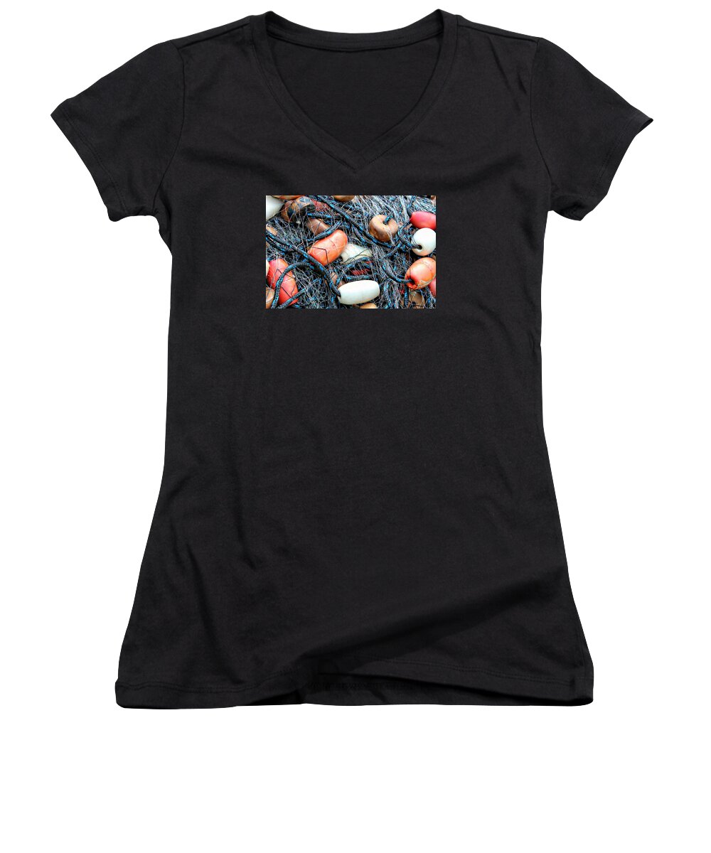 Nets Women's V-Neck featuring the photograph Nets with Orange and White Buoys by Lynn Jordan