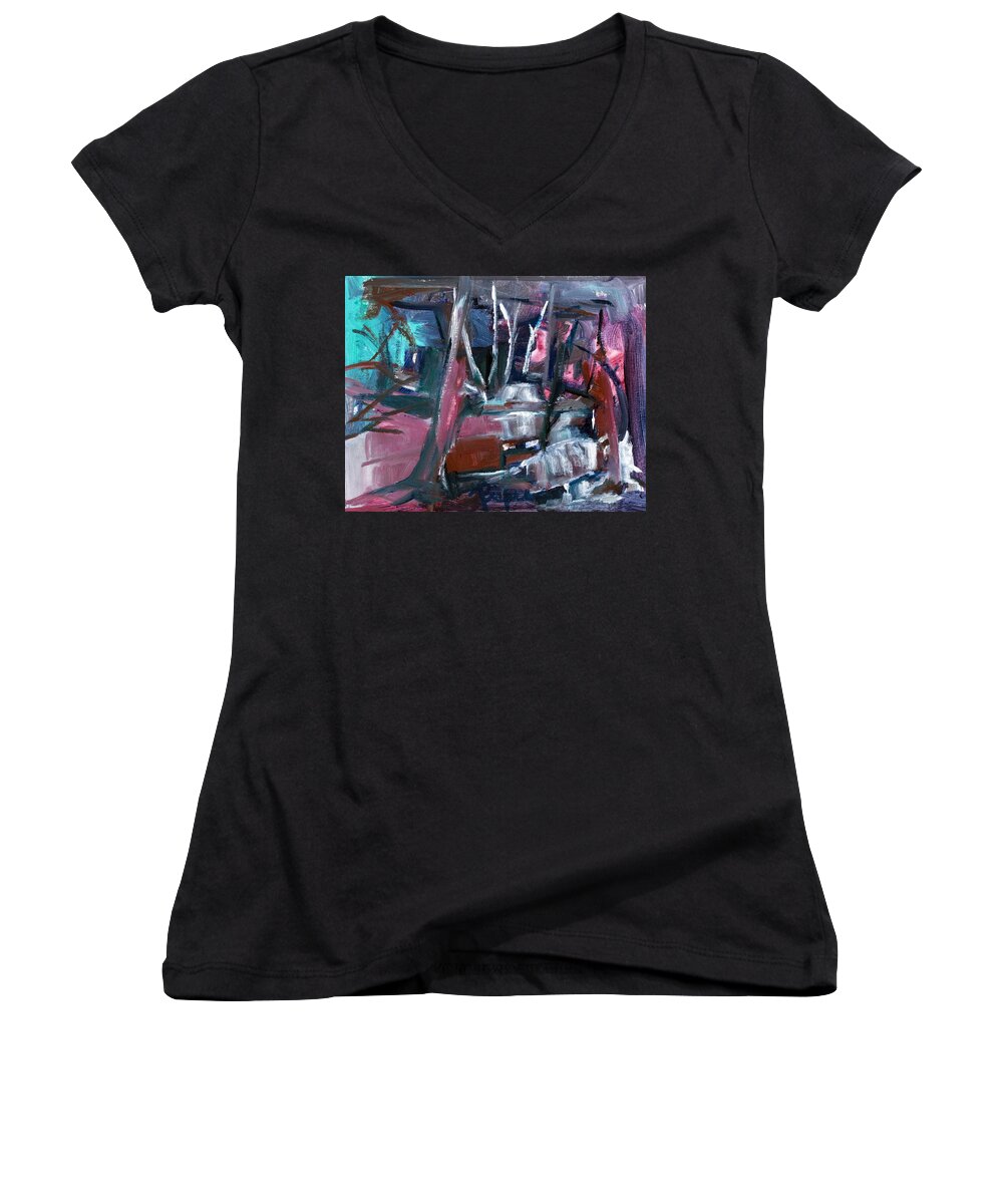 Abstract With Reds Women's V-Neck featuring the painting Never Dark in the Forest by Betty Pieper
