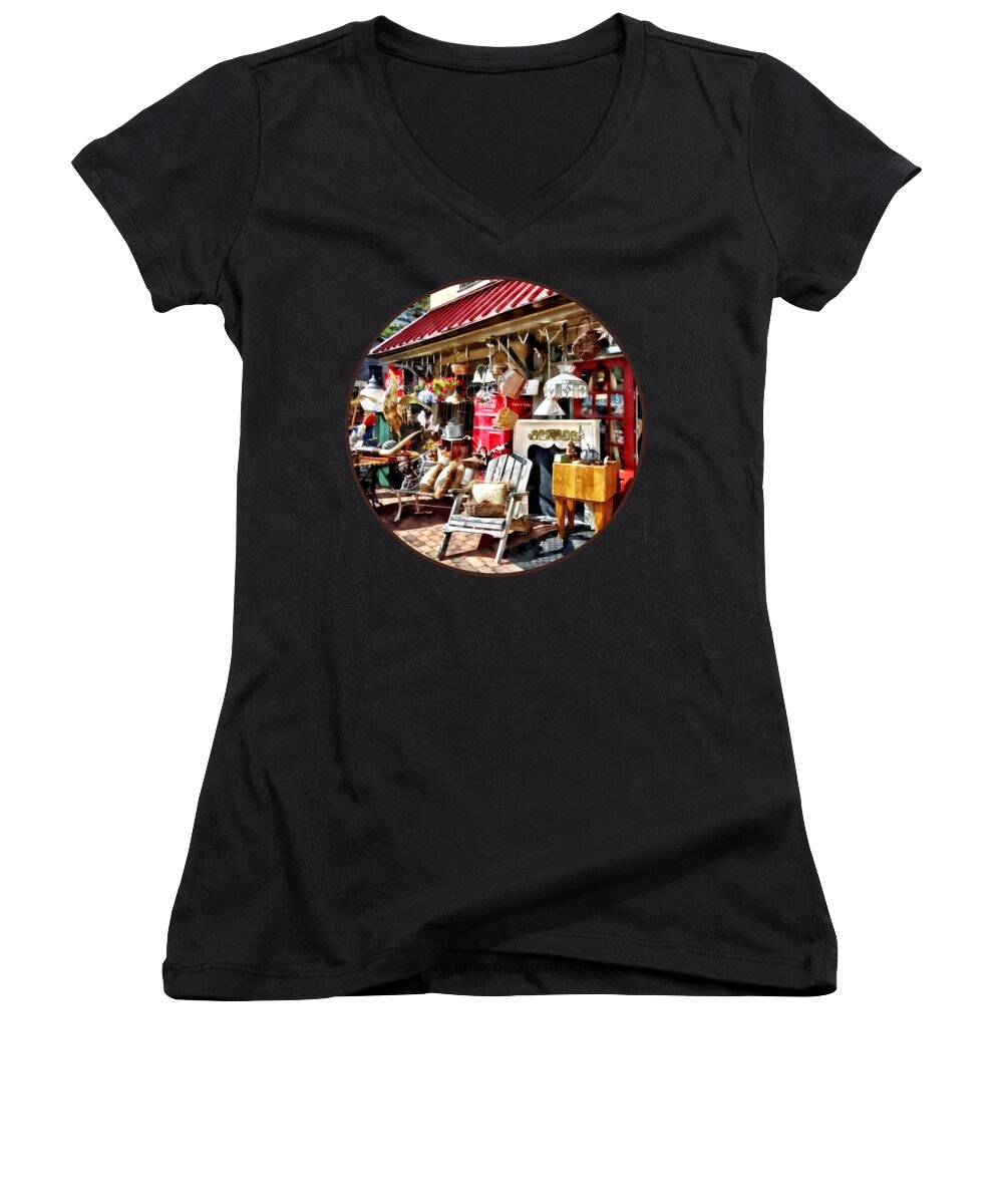 New Hope Women's V-Neck featuring the photograph New Hope PA Antique Shop by Susan Savad