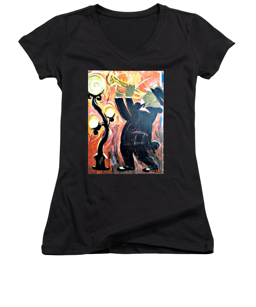 New Oreans Art Women's V-Neck featuring the painting New Orleans Trumpet Player by Kerin Beard
