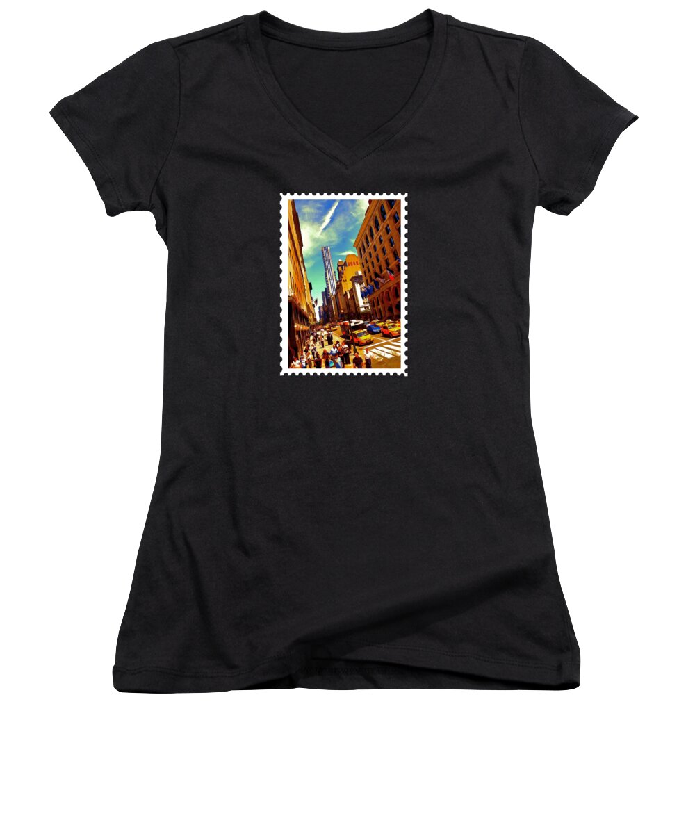 New York Women's V-Neck featuring the painting New York City Hustle by Elaine Plesser