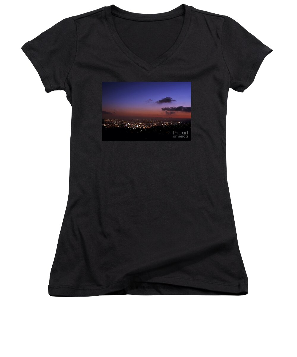 Clay Women's V-Neck featuring the photograph Night At Griffeth Observatory by Clayton Bruster