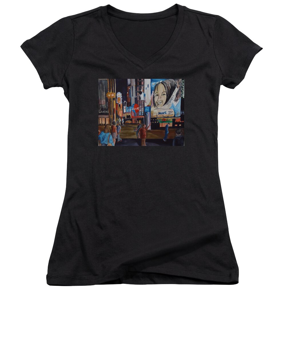 City Women's V-Neck featuring the painting Night in Time Square by Charme Curtin