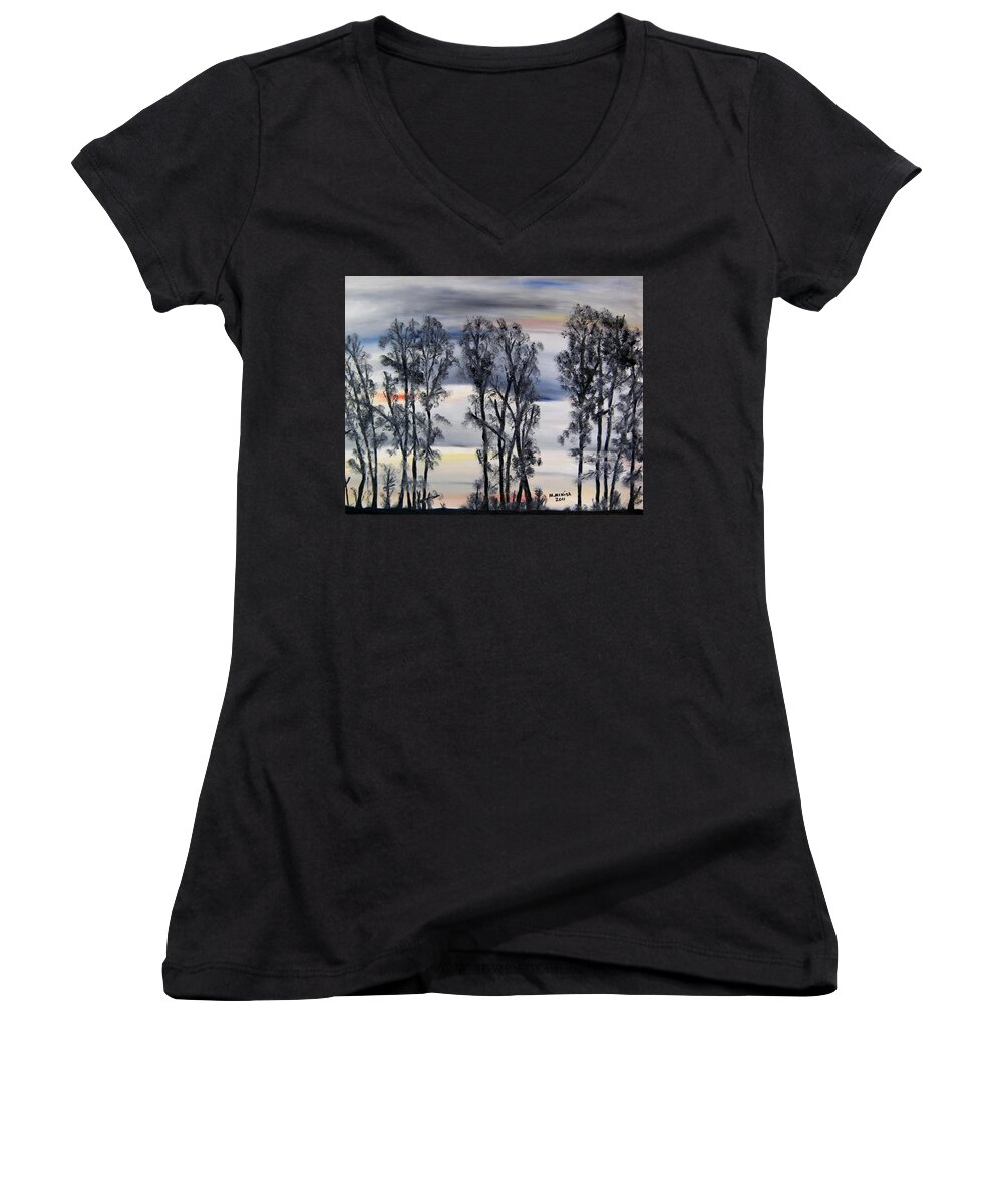 Treeline Women's V-Neck featuring the painting Nightfall approaching by Marilyn McNish