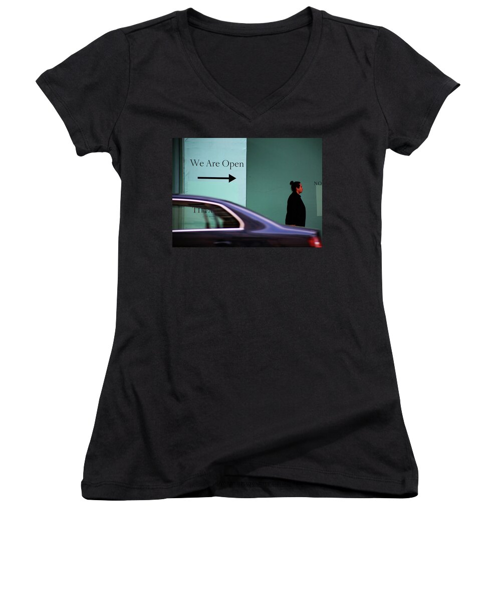 Street Photography Women's V-Neck featuring the photograph No we are closed by J C