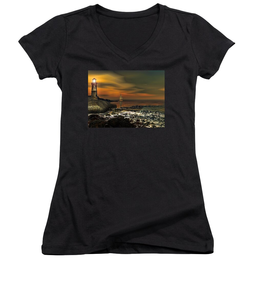 Lighthouse Women's V-Neck featuring the photograph Nocturnal Tranquility by Lourry Legarde