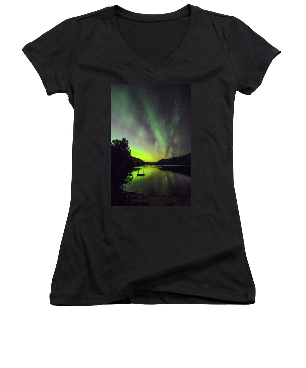 Northern Lights Women's V-Neck featuring the photograph Northern Lights Over Kootenay Lake by Joy McAdams
