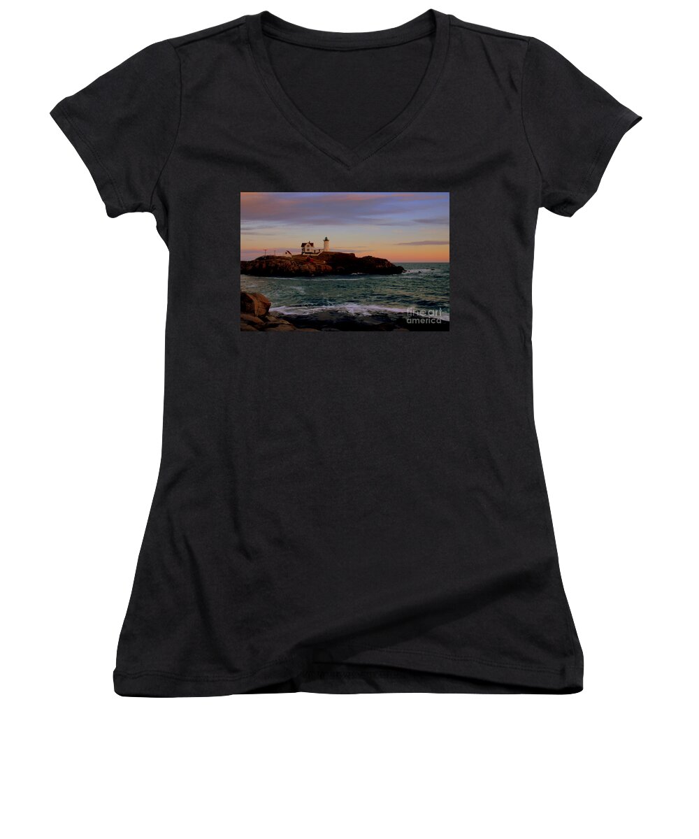  Women's V-Neck featuring the photograph Nubble light at sunset by Lennie Malvone