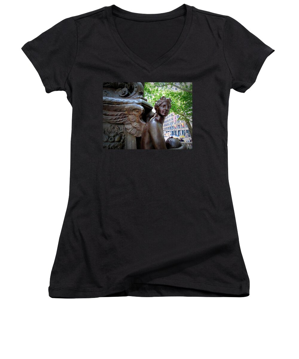 Angel Women's V-Neck featuring the photograph NYC Library Angel by Susan Lafleur