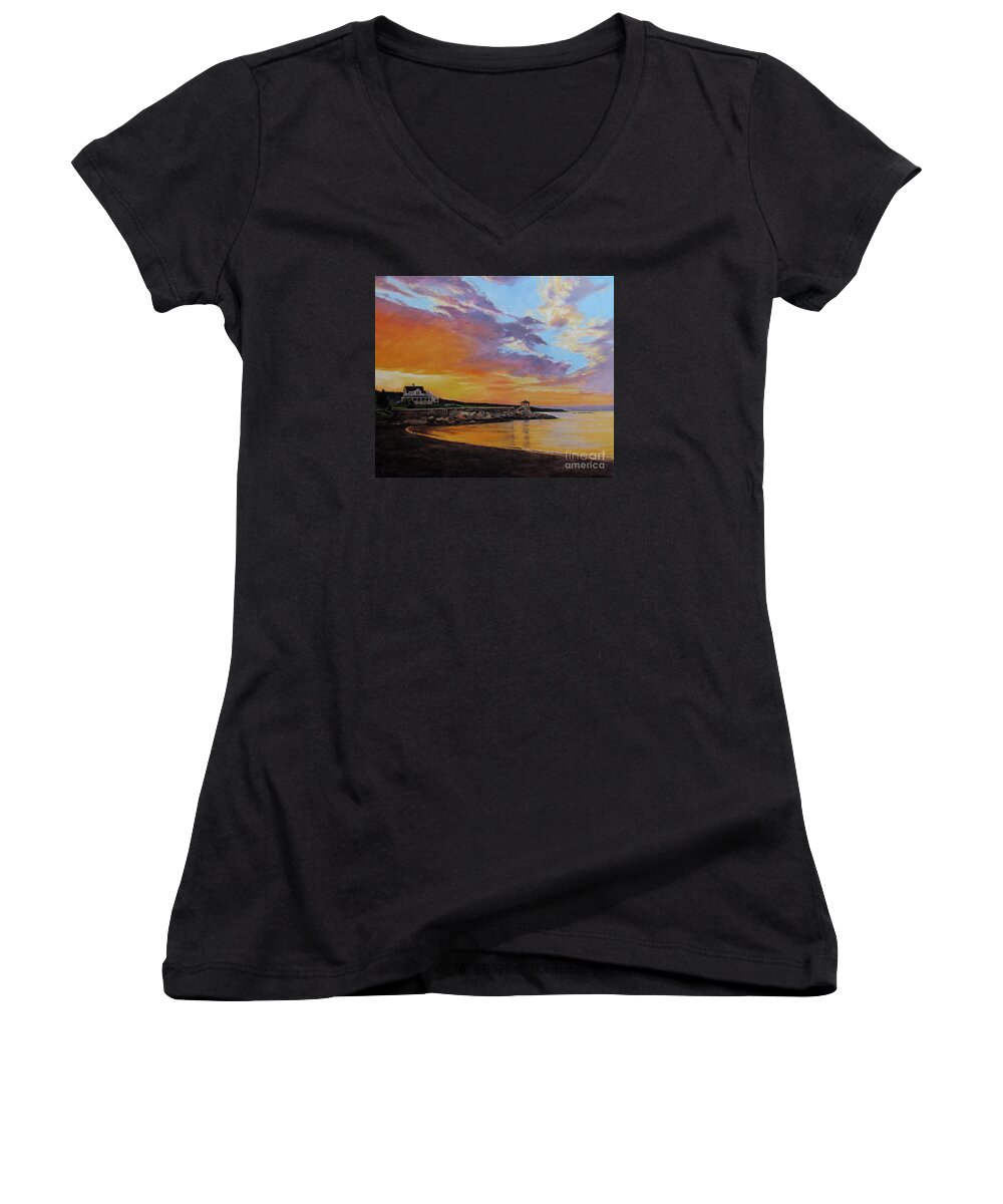 Front Beach Women's V-Neck featuring the painting Observatory Point, Rockport, MA by Keith Gantos