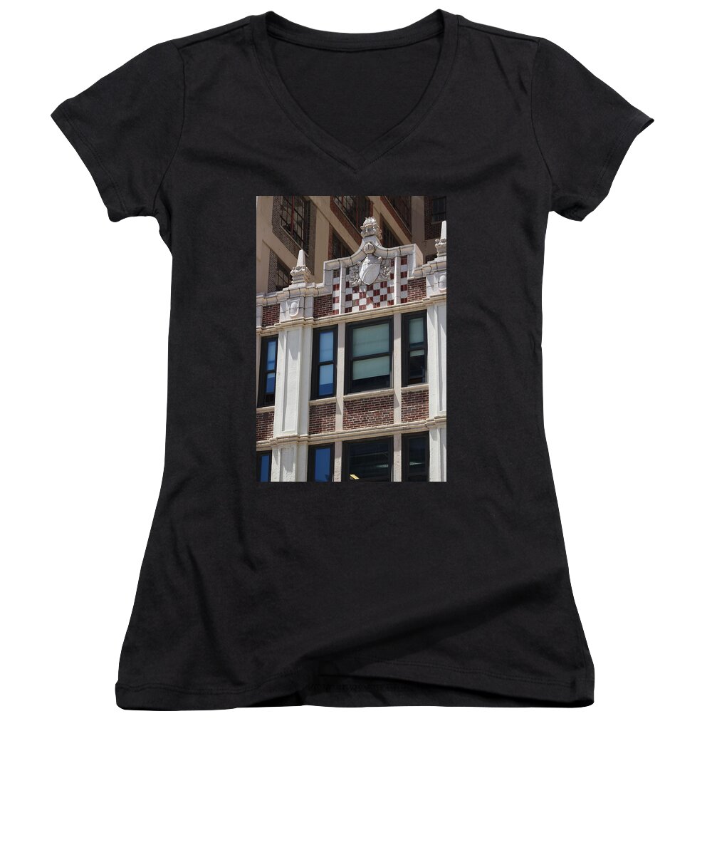 Auburn Women's V-Neck featuring the photograph Old Brick with Armor and Shield in Chicago Illinois by Colleen Cornelius