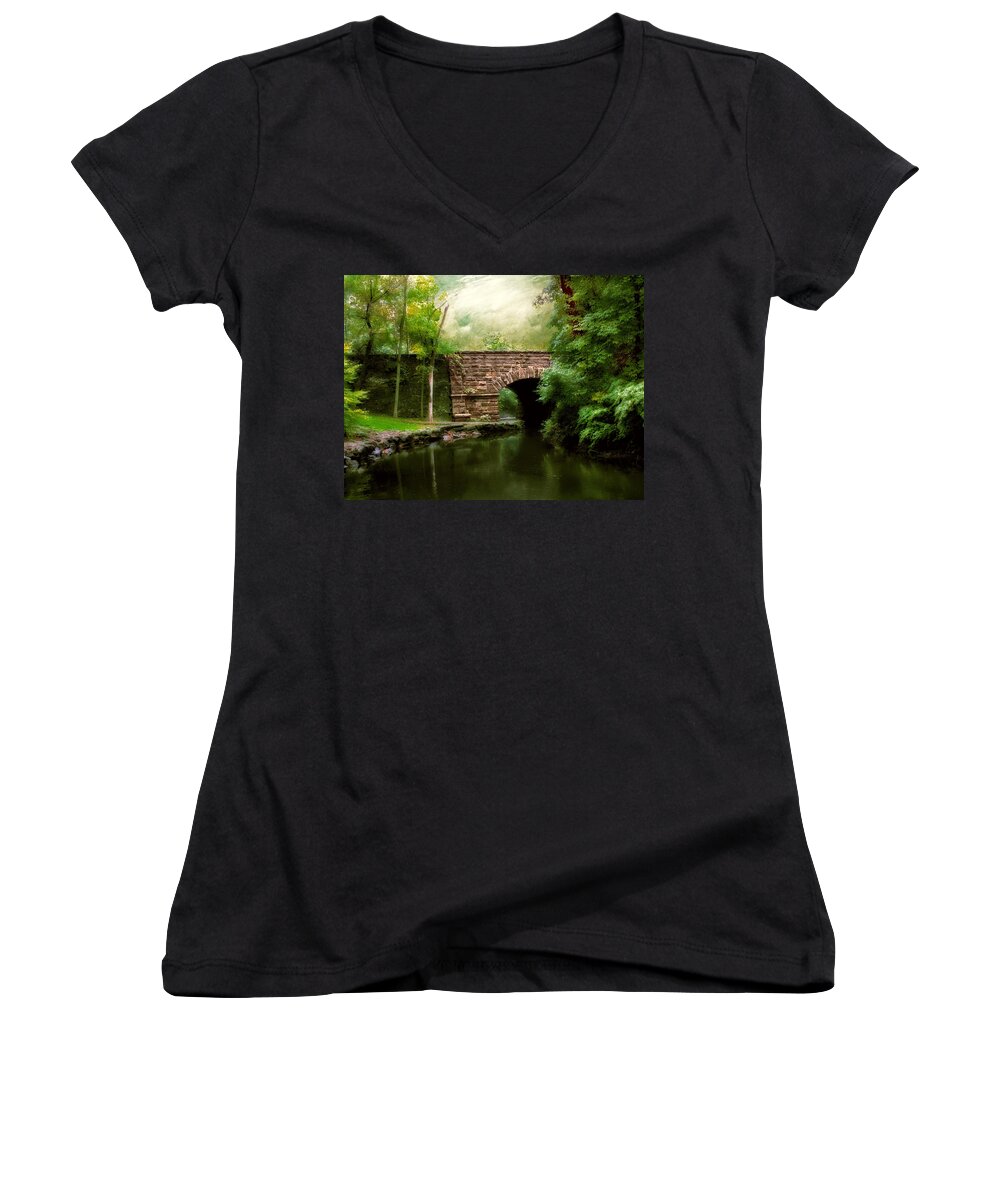 Old Countrybridge Green Art Women's V-Neck featuring the photograph Old Country Bridge by Jessica Jenney