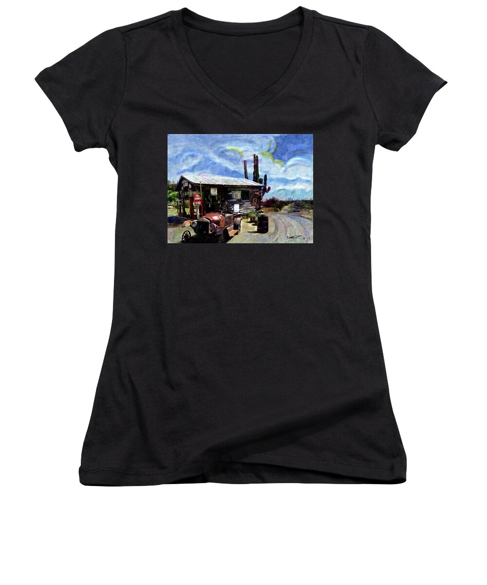 Desert Women's V-Neck featuring the painting Old Desert Gas Station by Dale Turner