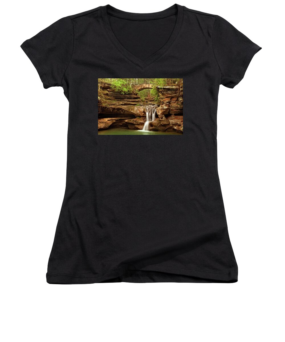 Waterfall Women's V-Neck featuring the photograph Old Mans Cave by Jill Love