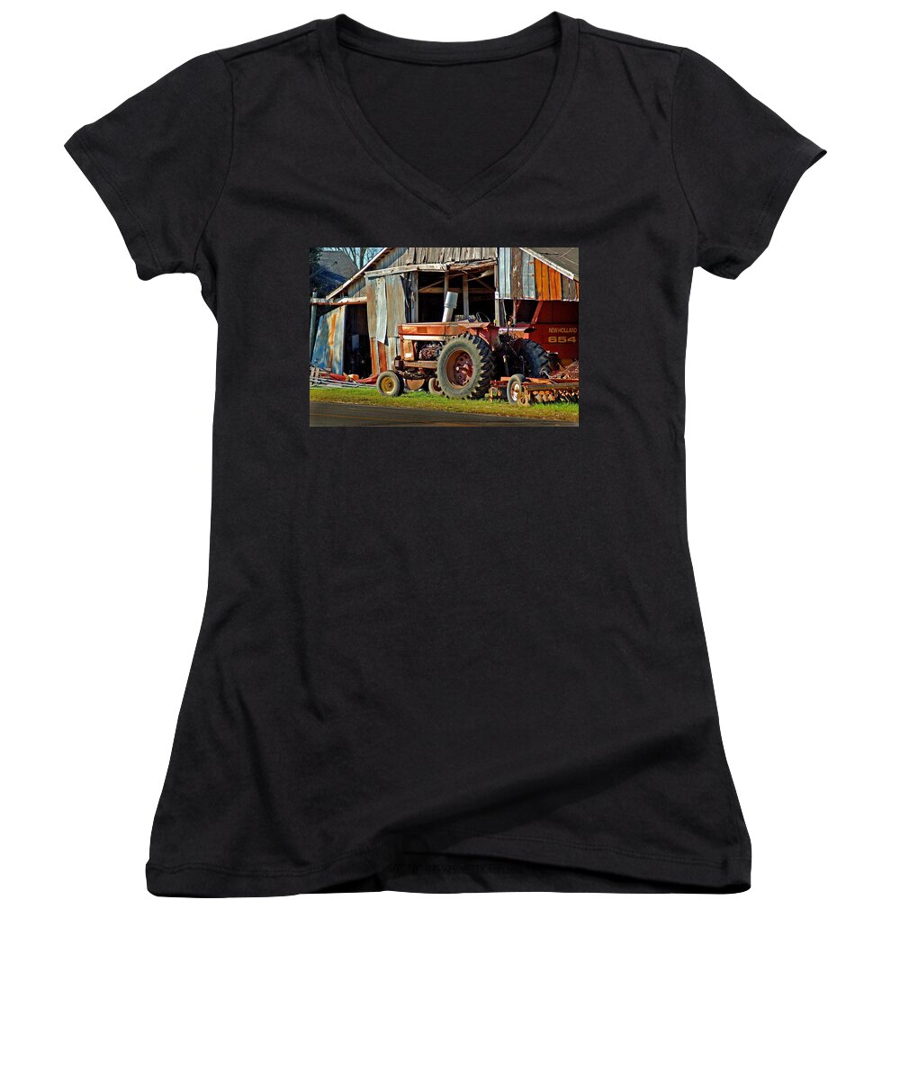 Tractors Women's V-Neck featuring the painting Old Red Tractor and the Barn by Michael Thomas