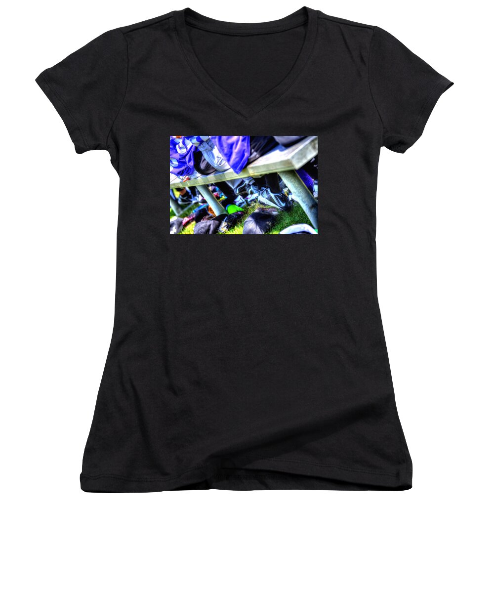 Mcminnville Women's V-Neck featuring the photograph On The Bench 1619 by Jerry Sodorff