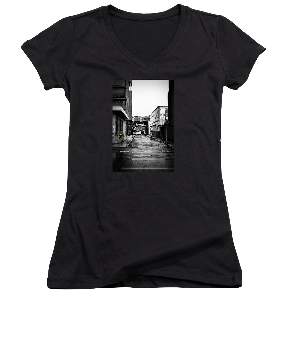 Dublin Women's V-Neck featuring the photograph The Rail and the Green Raincoat by Nadalyn Larsen