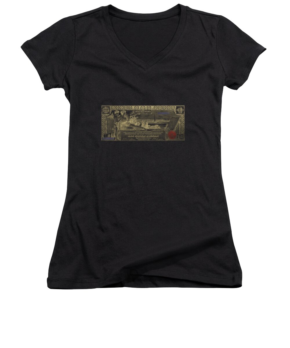 'paper Currency' By Serge Averbukh Women's V-Neck featuring the digital art One U.S. Dollar Bill - 1896 Educational Series in Gold on Black by Serge Averbukh