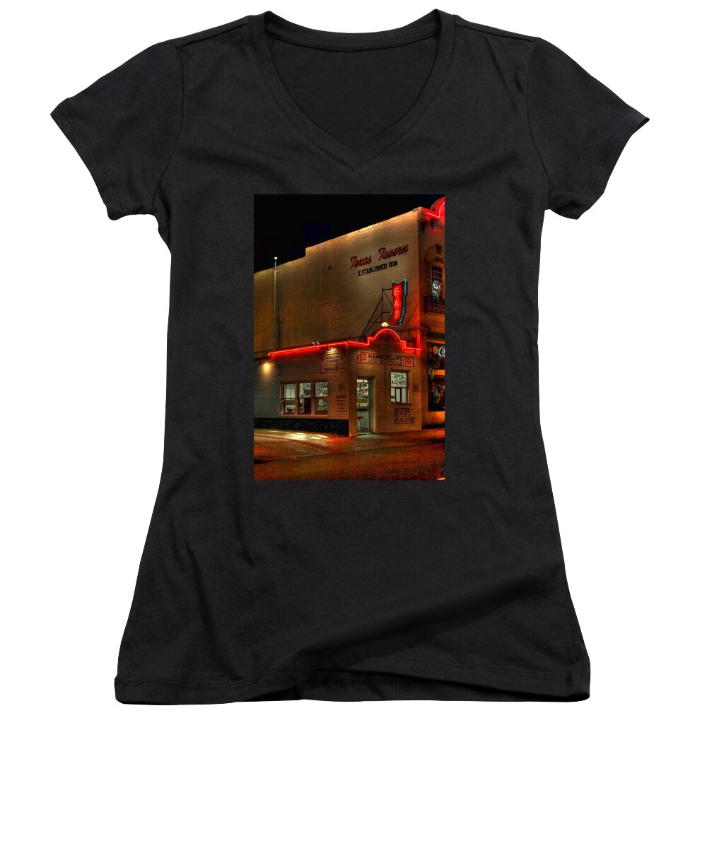 Restaurant Women's V-Neck featuring the photograph Open All Nite-Texas Tavern by Dan Stone