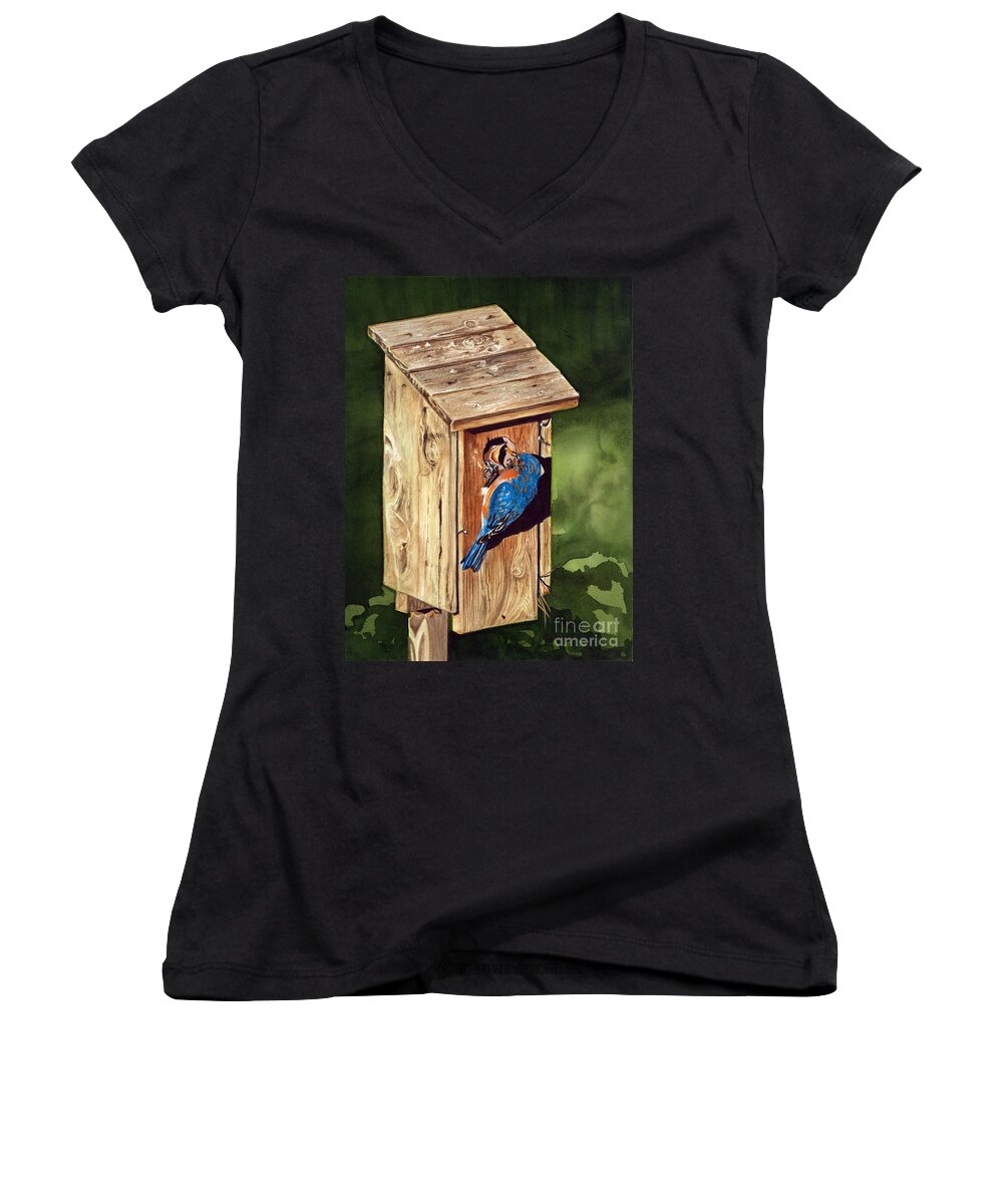 Watercolor Bluebird Women's V-Neck featuring the painting Open Wide by Barbara Jewell