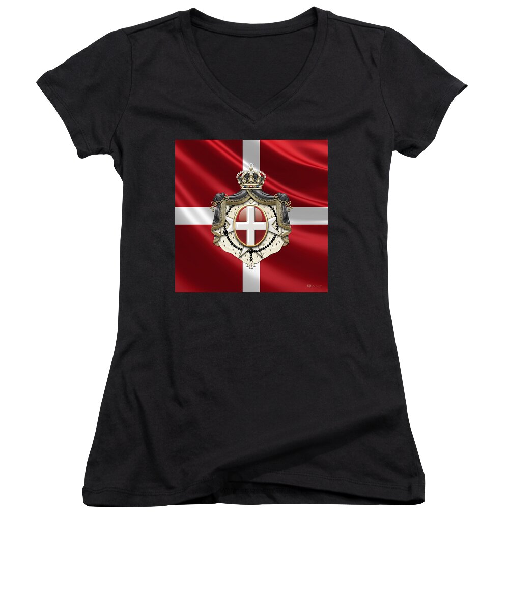 ancient Brotherhoods Collection By Serge Averbukh Women's V-Neck featuring the photograph Order of Malta Coat of Arms over Flag by Serge Averbukh